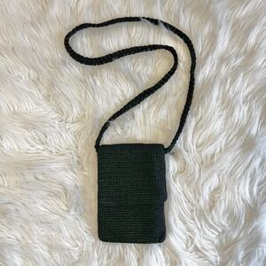 The Sak Black Crochet Crossbody Phone Bag Small Braided Strap Flap Purse